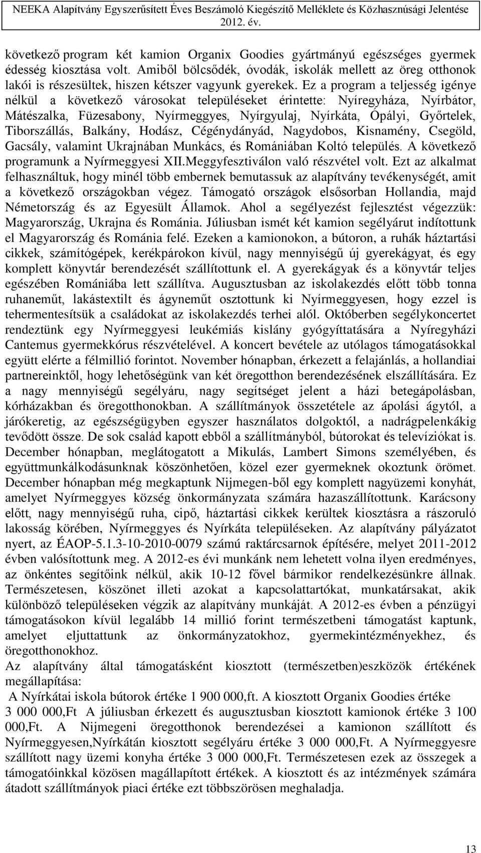 Ez a program a teljesség igénye nélkül a következő városokat településeket érintette: Nyíregyháza, Nyírbátor, Mátészalka, Füzesabony, Nyírmeggyes, Nyírgyulaj, Nyírkáta, Ópályi, Győrtelek,