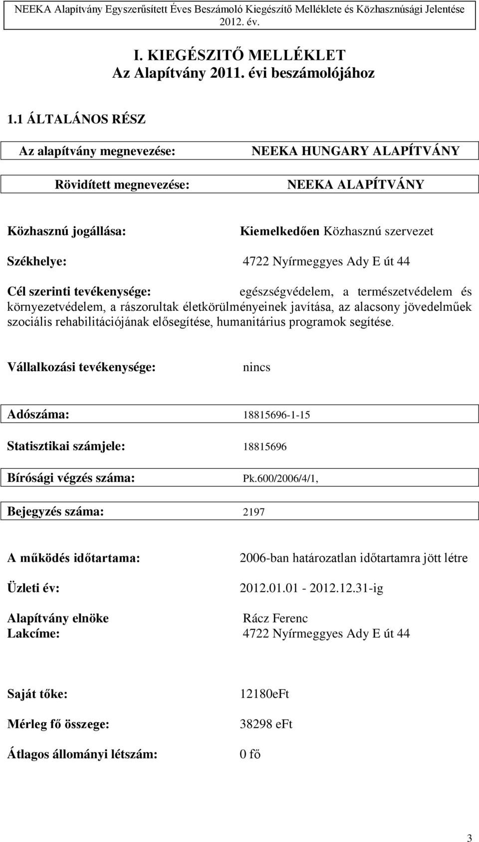 út 44 Cél szerinti tevékenysége: egészségvédelem, a természetvédelem és környezetvédelem, a rászorultak életkörülményeinek javítása, az alacsony jövedelműek szociális rehabilitációjának elősegítése,