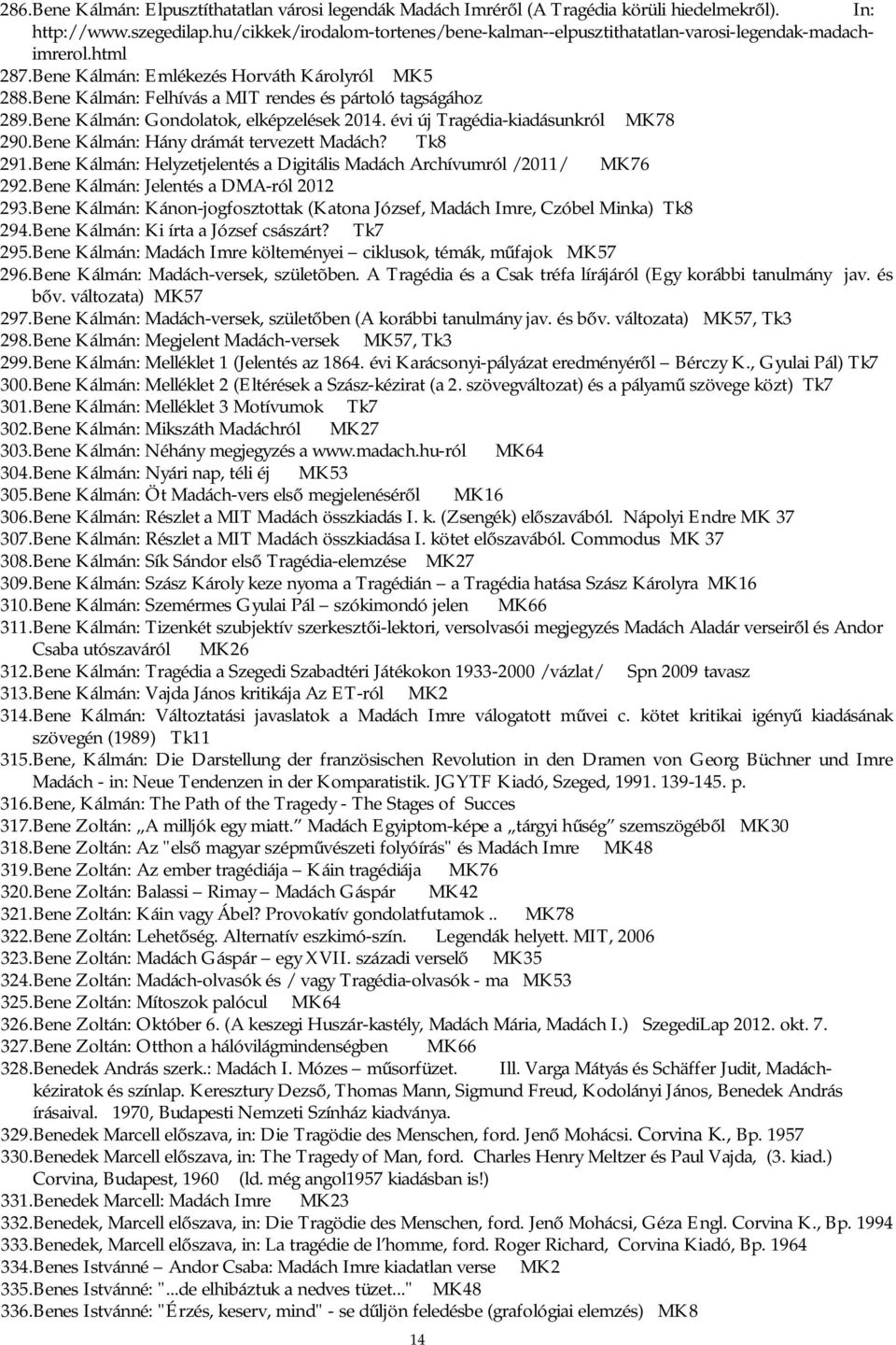 Bene Kálmán: Felhívás a MIT rendes és pártoló tagságához 289. Bene Kálmán: Gondolatok, elképzelések 2014. évi új Tragédia-kiadásunkról MK78 290. Bene Kálmán: Hány drámát tervezett Madách? Tk8 291.