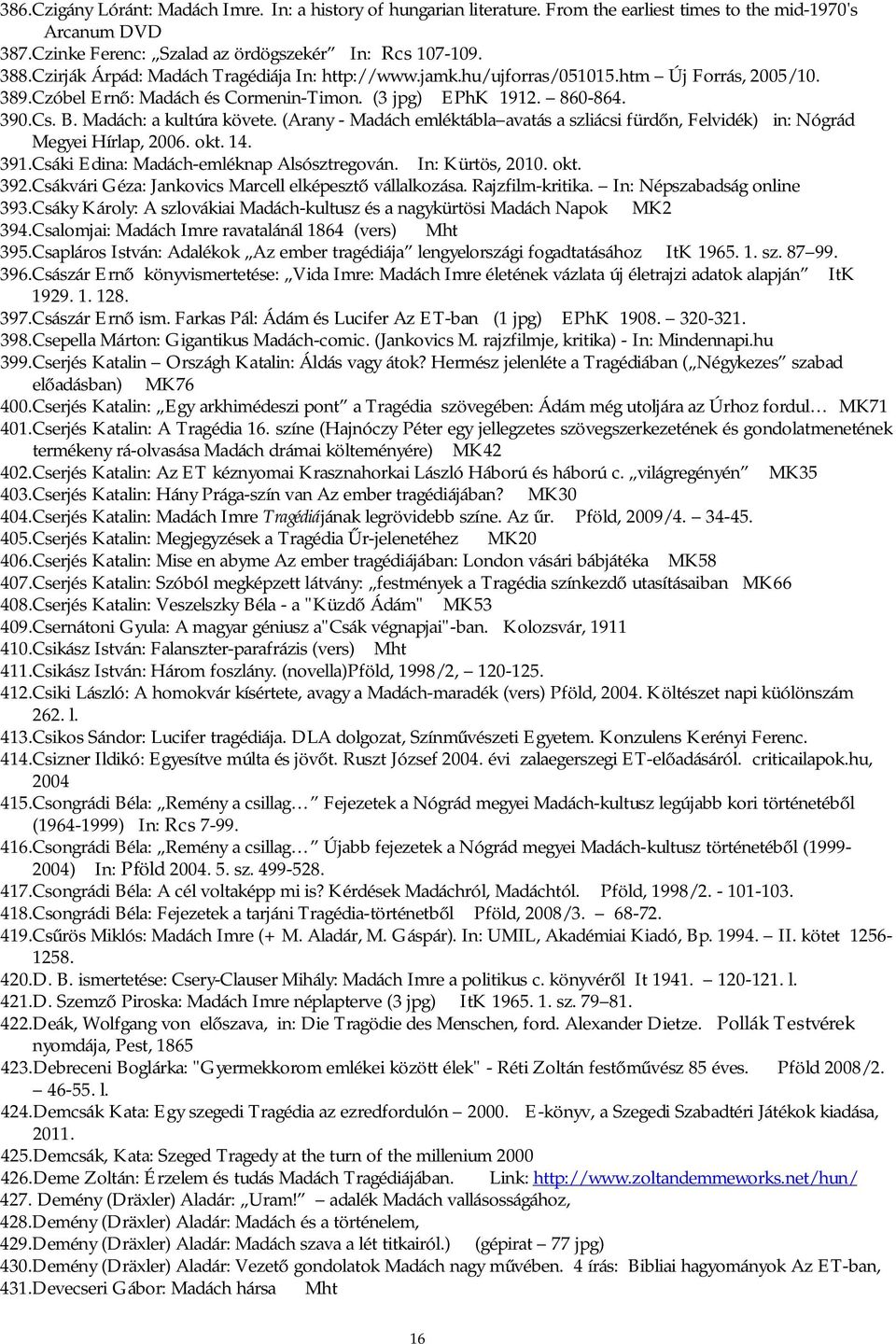 Madách: a kultúra követe. (Arany - Madách emléktábla avatás a szliácsi fürdőn, Felvidék) in: Nógrád Megyei Hírlap, 2006. okt. 14. 391. Csáki Edina: Madách-emléknap Alsósztregován. In: Kürtös, 2010.