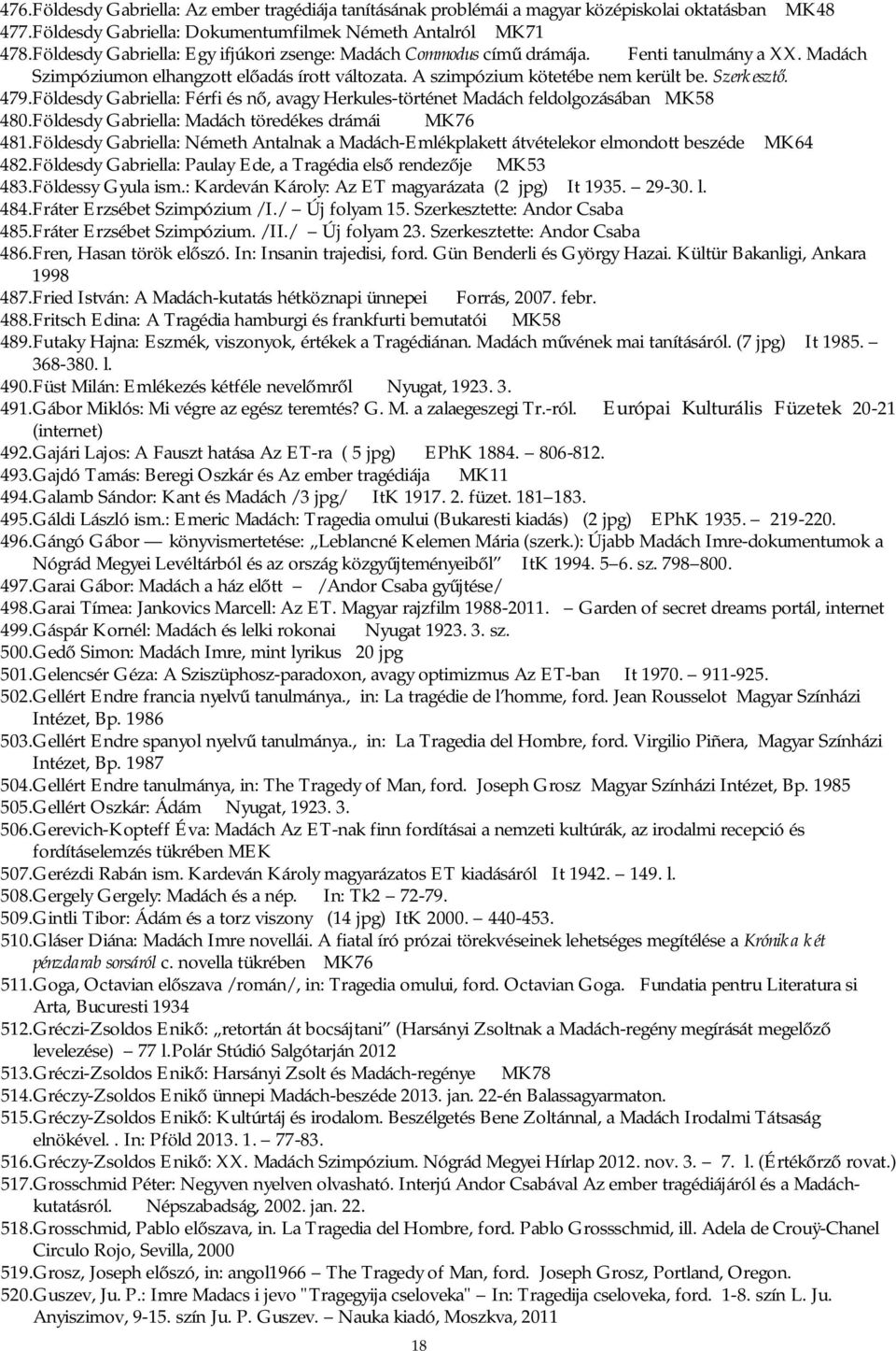 479. Földesdy Gabriella: Férfi és nő, avagy Herkules-történet Madách feldolgozásában MK58 480. Földesdy Gabriella: Madách töredékes drámái MK76 481.