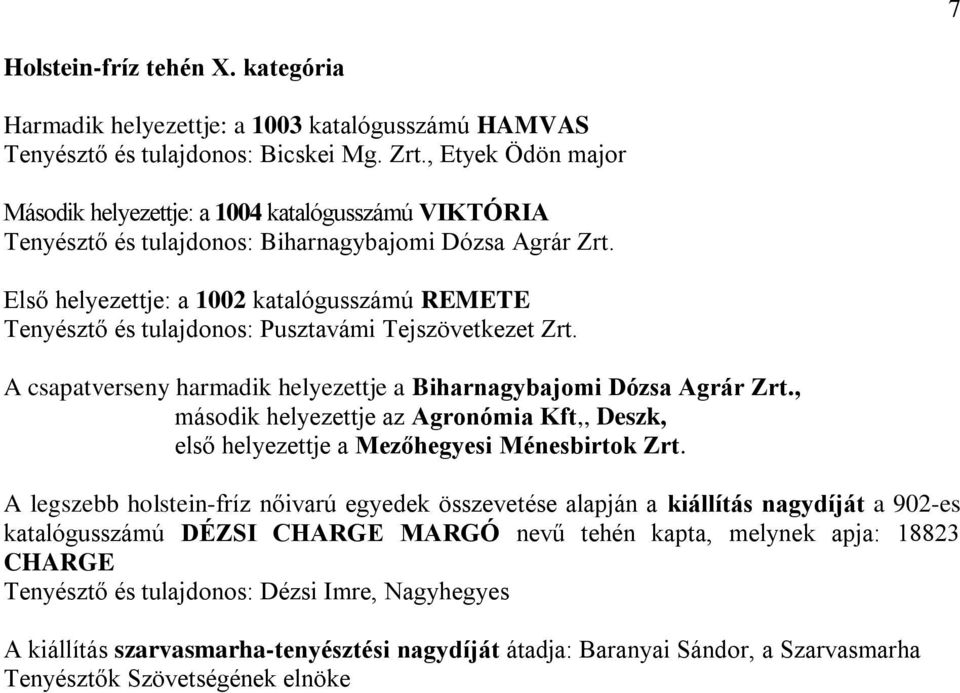 Első helyezettje: a 1002 katalógusszámú REMETE Tenyésztő és tulajdonos: Pusztavámi Tejszövetkezet Zrt. A csapatverseny harmadik helyezettje a Biharnagybajomi Dózsa Agrár Zrt.