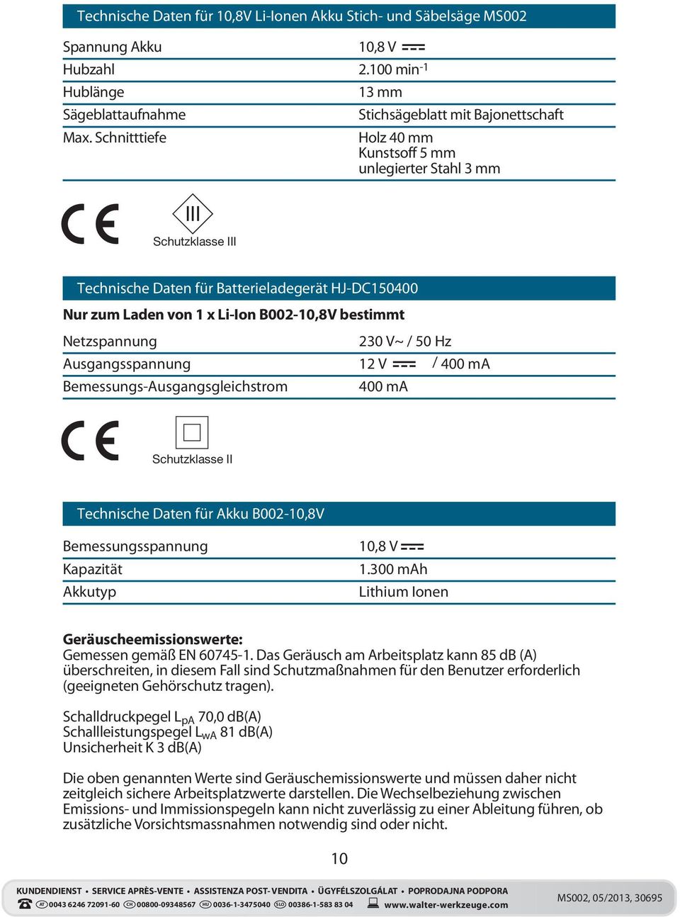 Li-Ion B002-10,8V bestimmt Netzspannung 230 V~ / 50 Hz Ausgangsspannung 12 V / 400 ma Bemessungs-Ausgangsgleichstrom 400 ma Schutzklasse II Technische Daten für Akku B002-10,8V Bemessungsspannung