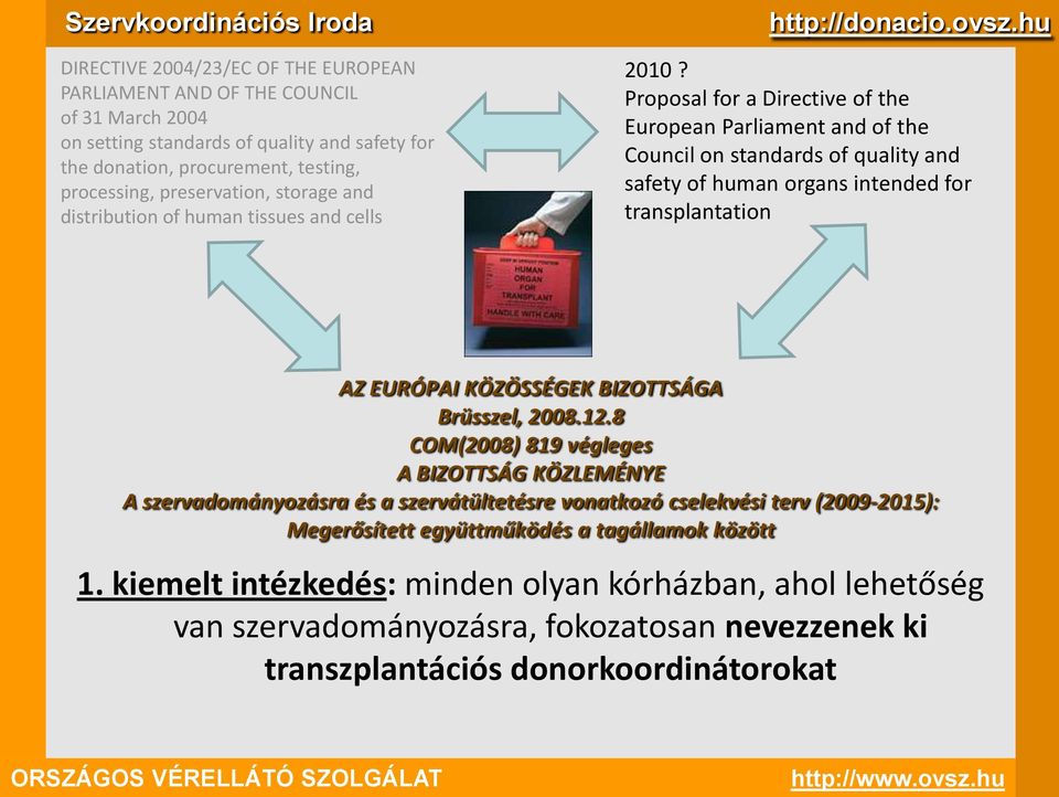 Proposal for a Directive of the European Parliament and of the Council on standards of quality and safety of human organs intended for transplantation AZ EURÓPAI KÖZÖSSÉGEK BIZOTTSÁGA Brüsszel, 2008.