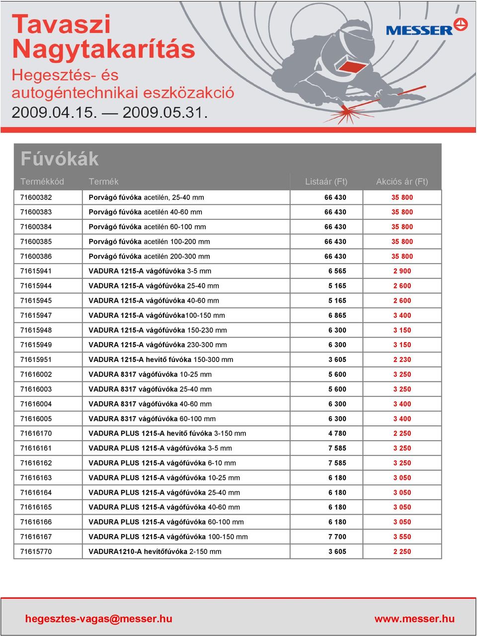 165 2 600 71615945 VADURA 1215-A vágófúvóka 40-60 mm 5 165 2 600 71615947 VADURA 1215-A vágófúvóka100-150 mm 6 865 3 400 71615948 VADURA 1215-A vágófúvóka 150-230 mm 6 300 3 150 71615949 VADURA
