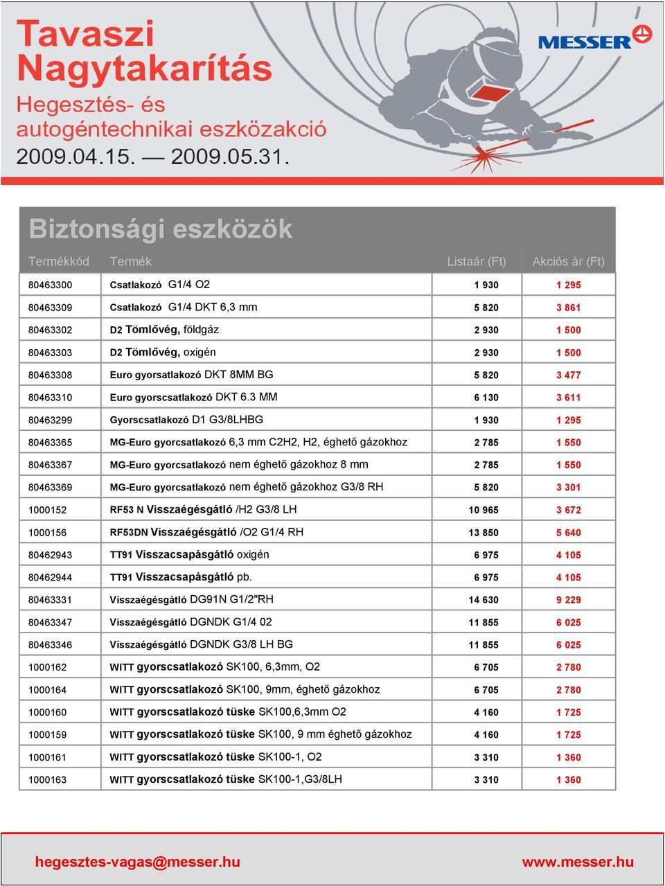 3 MM 6 130 3 611 80463299 Gyorscsatlakozó D1 G3/8LHBG 1 930 1 295 80463365 MG-Euro gyorcsatlakozó 6,3 mm C2H2, H2, éghető gázokhoz 2 785 1 550 80463367 MG-Euro gyorcsatlakozó nem éghető gázokhoz 8 mm