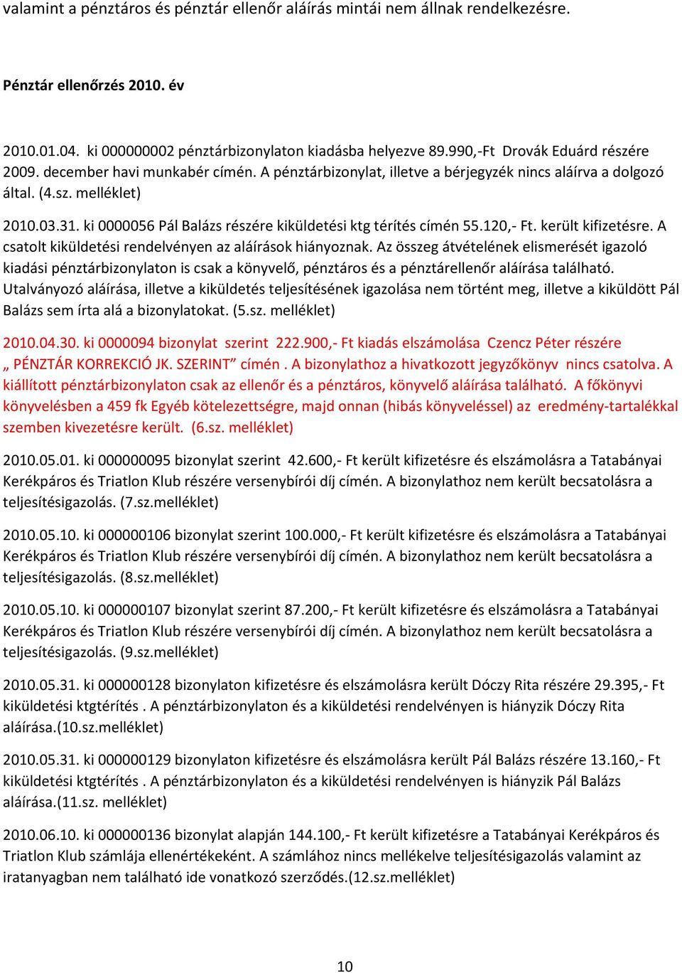 ki 0000056 Pál Balázs részére kiküldetési ktg térítés címén 55.120,- Ft. került kifizetésre. A csatolt kiküldetési rendelvényen az aláírások hiányoznak.