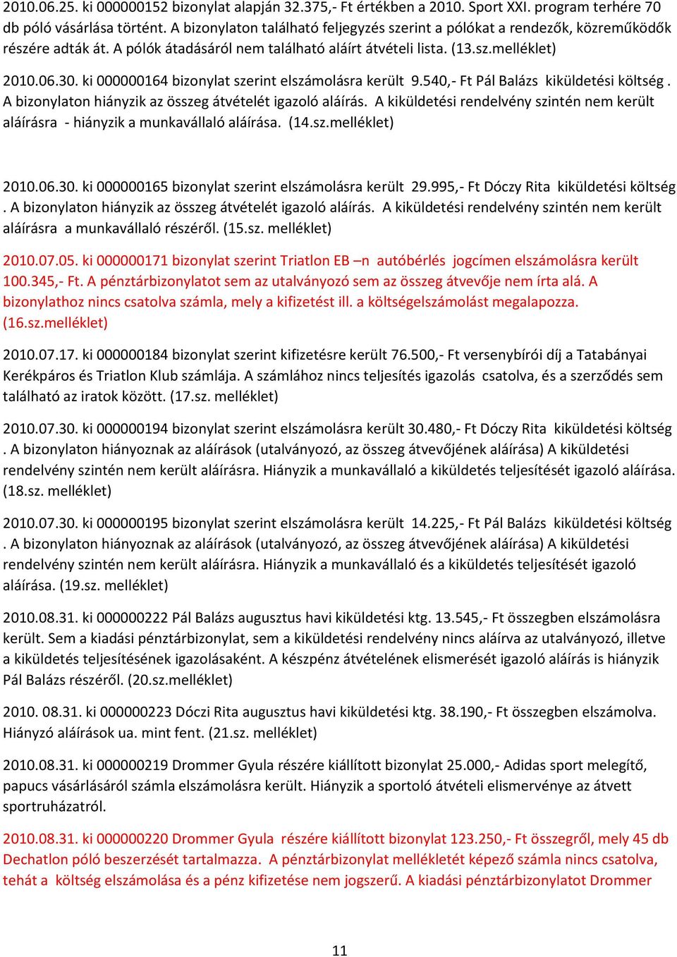 ki 000000164 bizonylat szerint elszámolásra került 9.540,- Ft Pál Balázs kiküldetési költség. A bizonylaton hiányzik az összeg átvételét igazoló aláírás.