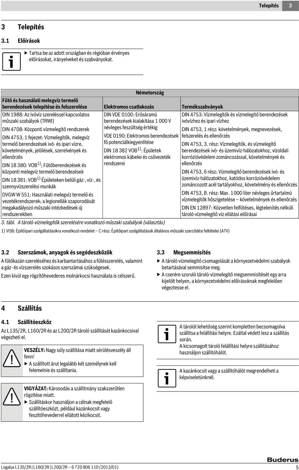 DIN 4708: Központi vízmelegítő rendszerek DIN 4753, 1 fejezet: Vízmelegítők, melegvíz termelő berendezések ivó- és ipari vízre, követelmények, jelölések, szerelvények és ellenőrzés DIN 18 380: VOB 1)