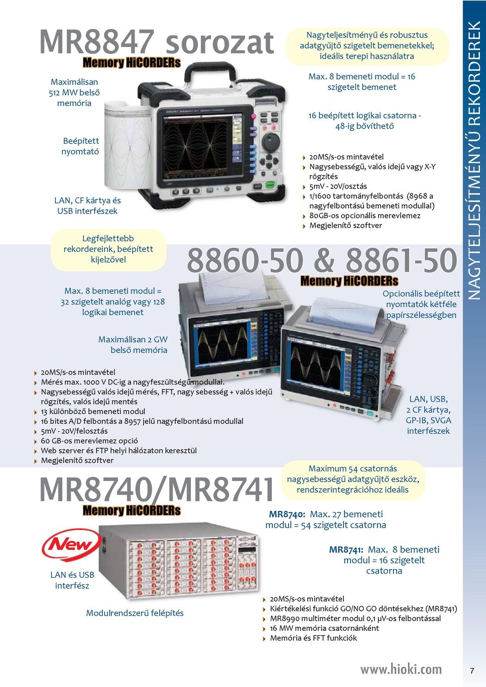 8 bemeneti modul = 16 szigetelt bemenet 16 beépített logikai csatorna - 20MS/s-os mintavétel rögzítés 5mV - 20V/osztás 1/1600 tartományfelbontás (8968 a nagyfelbontású bemeneti modullal) 80GB-os