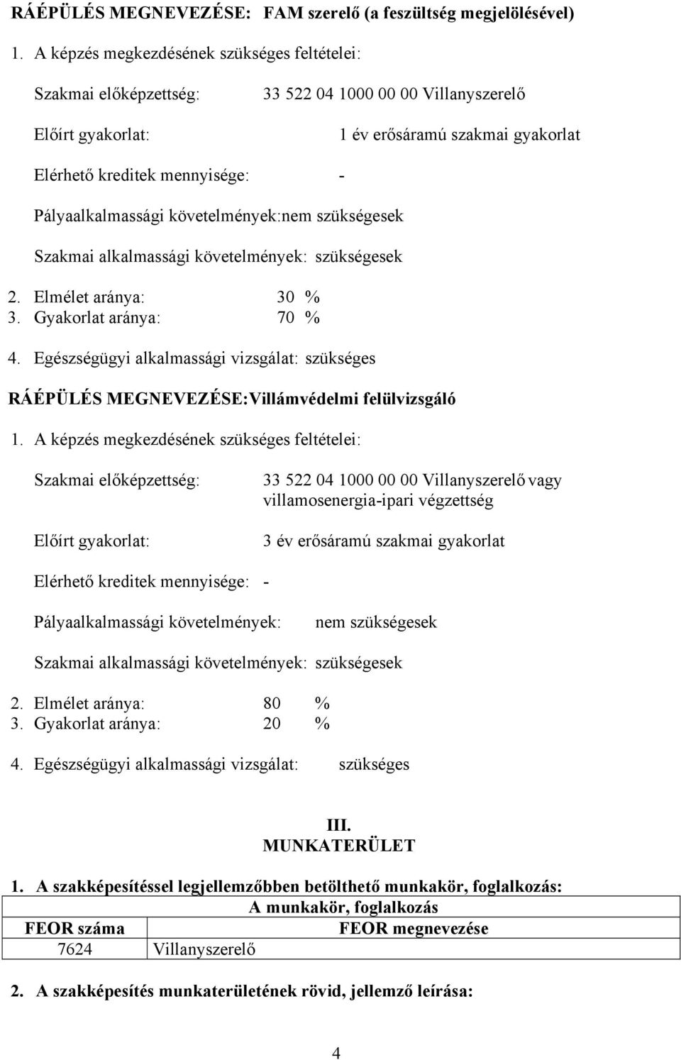 Pályaalkalmassági követelmények:nem szükségesek Szakmai alkalmassági követelmények: szükségesek 2. Elmélet aránya: 30 % 3. Gyakorlat aránya: 70 % 4.