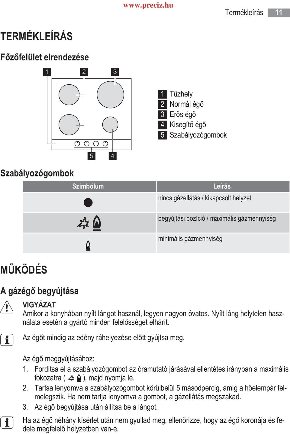 helyzet begyújtási pozíció / maximális gázmennyiség minimális gázmennyiség M KÖDÉS A gázég begyújtása Amikor a konyhában nyílt lángot használ, legyen nagyon óvatos.