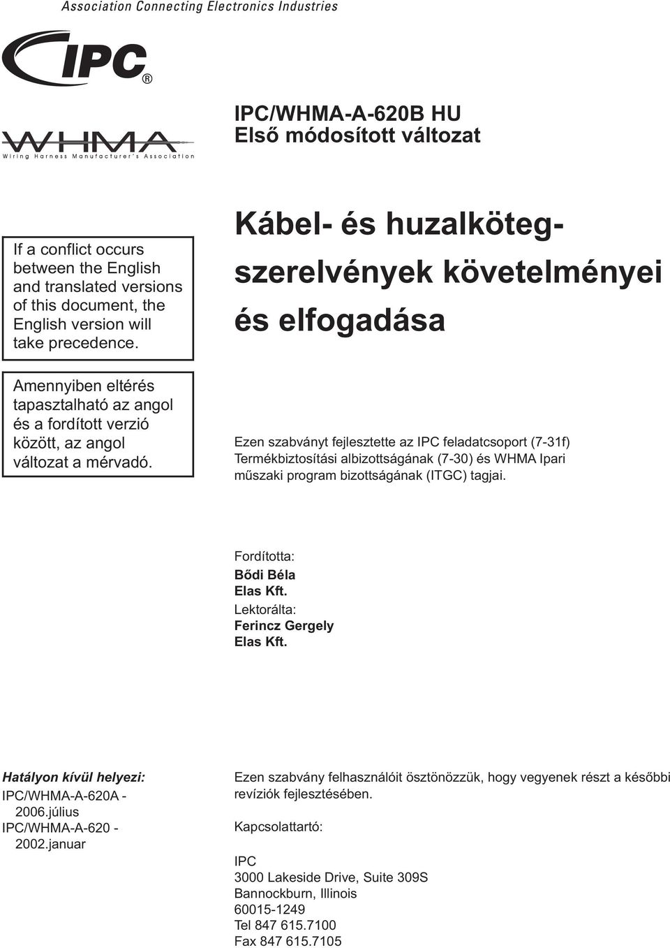 Ezen szabványt fejlesztette az IPC feladatcsoport (7-31f) Termékbiztosítási albizottságának (7-30) és WHMA Ipari műszaki program bizottságának (ITGC) tagjai. Fordította: Bődi Béla Elas Kft.