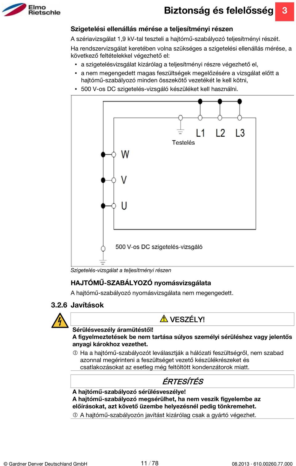 megengedett magas feszültségek megelőzésére a vizsgálat előtt a hajtómű-szabályozó minden összekötő vezetékét le kell kötni, 500 V-os DC szigetelés-vizsgáló készüléket kell használni.