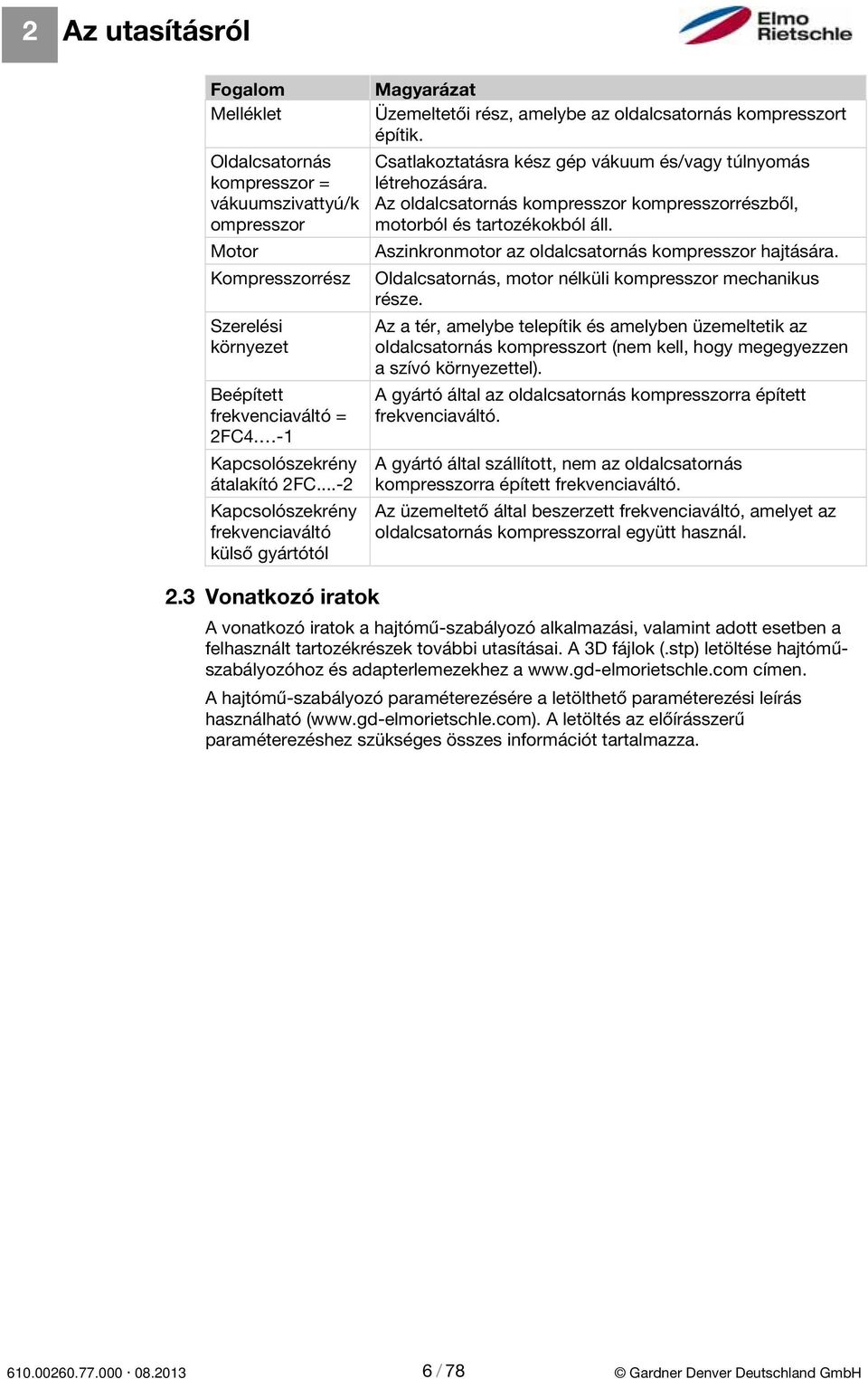 Az oldalcsatornás kompresszor kompresszorrészből, motorból és tartozékokból áll. Aszinkronmotor az oldalcsatornás kompresszor hajtására. Oldalcsatornás, motor nélküli kompresszor mechanikus része.