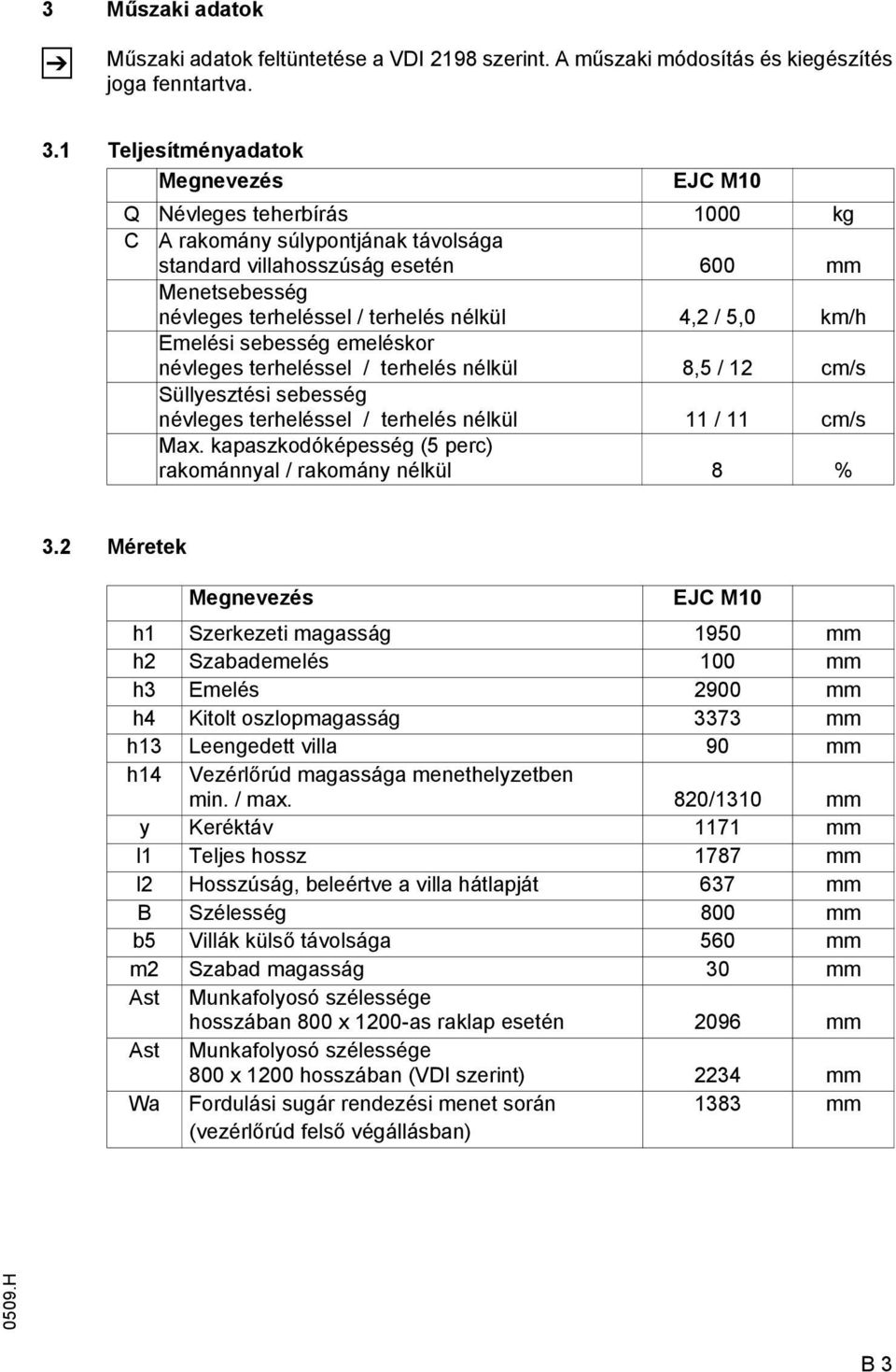 4,2 / 5,0 km/h Emelési sebesség emeléskor névleges terheléssel / terhelés nélkül 8,5 / 12 cm/s Süllyesztési sebesség névleges terheléssel / terhelés nélkül 11 / 11 cm/s Max.