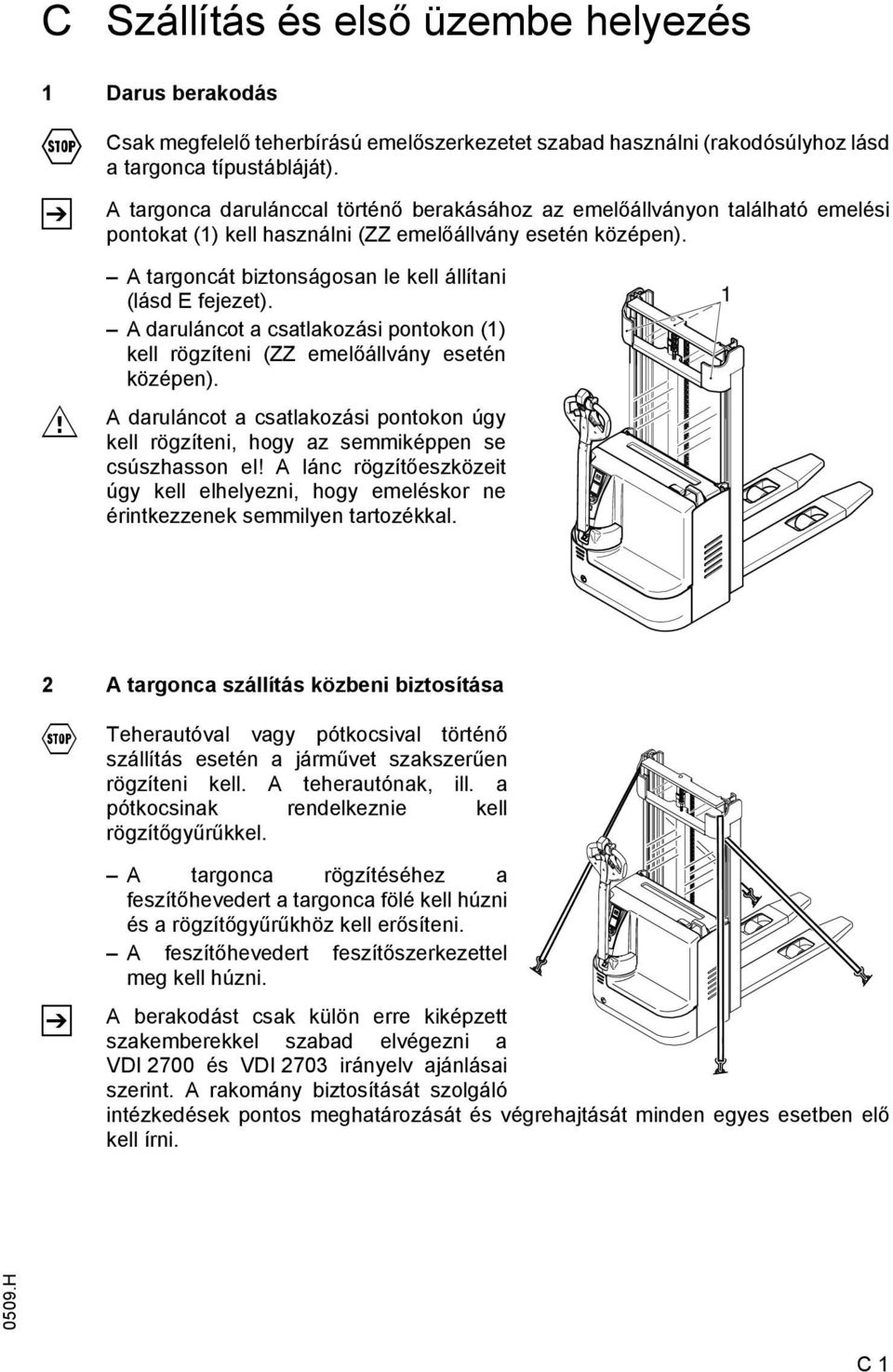 M A targoncát biztonságosan le kell állítani (lásd E fejezet). A daruláncot a csatlakozási pontokon (1) kell rögzíteni (ZZ emelőállvány esetén középen).