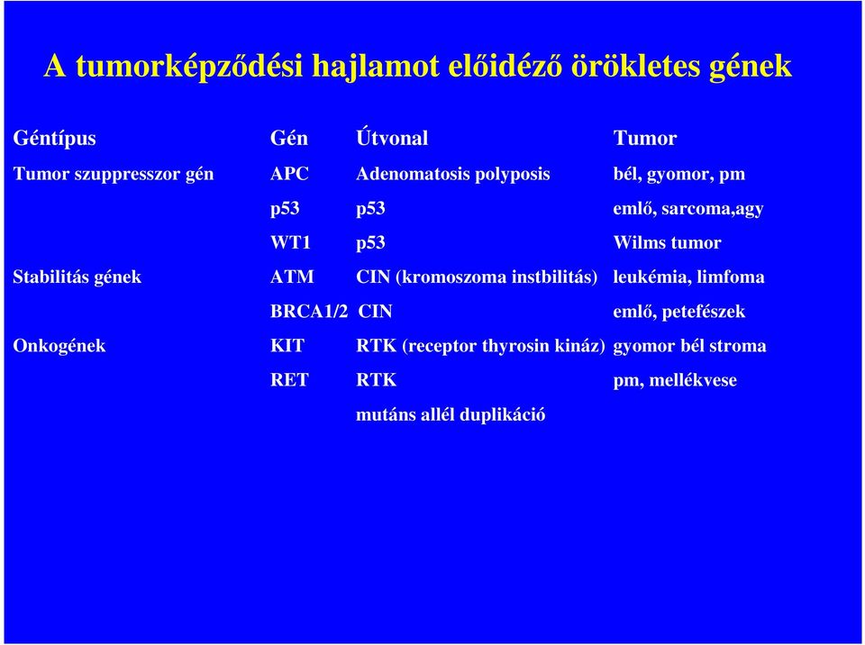 Stabilitás gének ATM CIN (kromoszoma instbilitás) leukémia, limfoma BRCA1/2 CIN emlı, petefészek