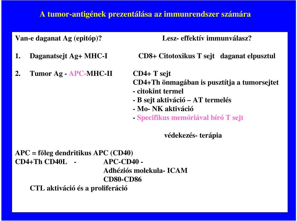 Tumor Ag - APC-MHC-II CD4+ T sejt CD4+Th önmagában is pusztítja a tumorsejtet - citokint termel - B sejt aktiváció AT termelés