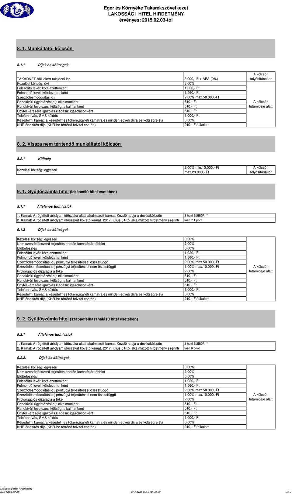 Kezdő napja a devizakölcsön 2. Kamat: A rögzített árfolyam időszakát követő kamat. 2017. július 01-től alkalmazott hirdetmény szerinti 3 havi BUBOR ** lásd 7.1.pont 9.1.2 Díjak és költségek Kezelési költség: egyszeri Előtörlesztés max.