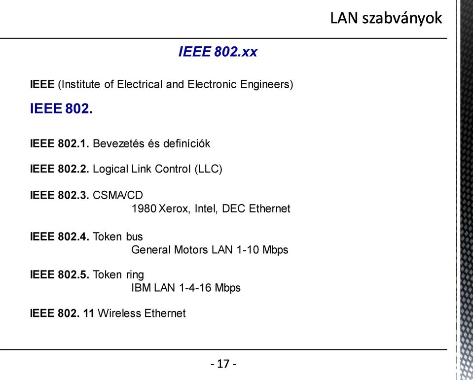 3. CSMA/CD 1980 Xerox, Intel, DEC Ethernet IEEE 802.4.