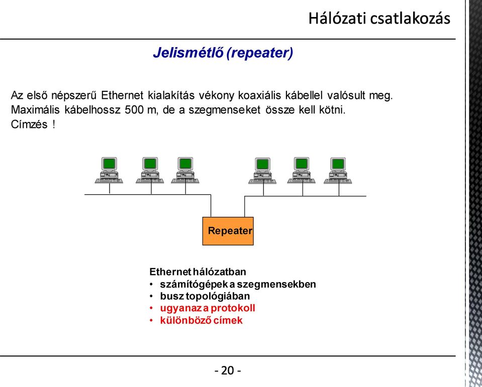 Maximális kábelhossz 500 m, de a szegmenseket össze kell kötni. Címzés!