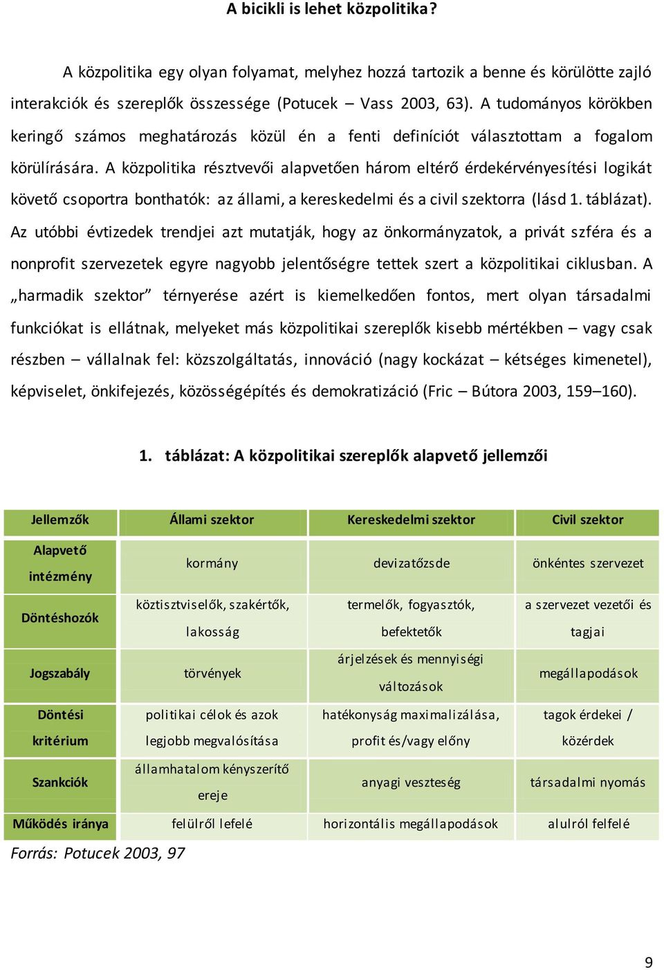 A közpolitika résztvevői alapvetően három eltérő érdekérvényesítési logikát követő csoportra bonthatók: az állami, a kereskedelmi és a civil szektorra (lásd 1. táblázat).