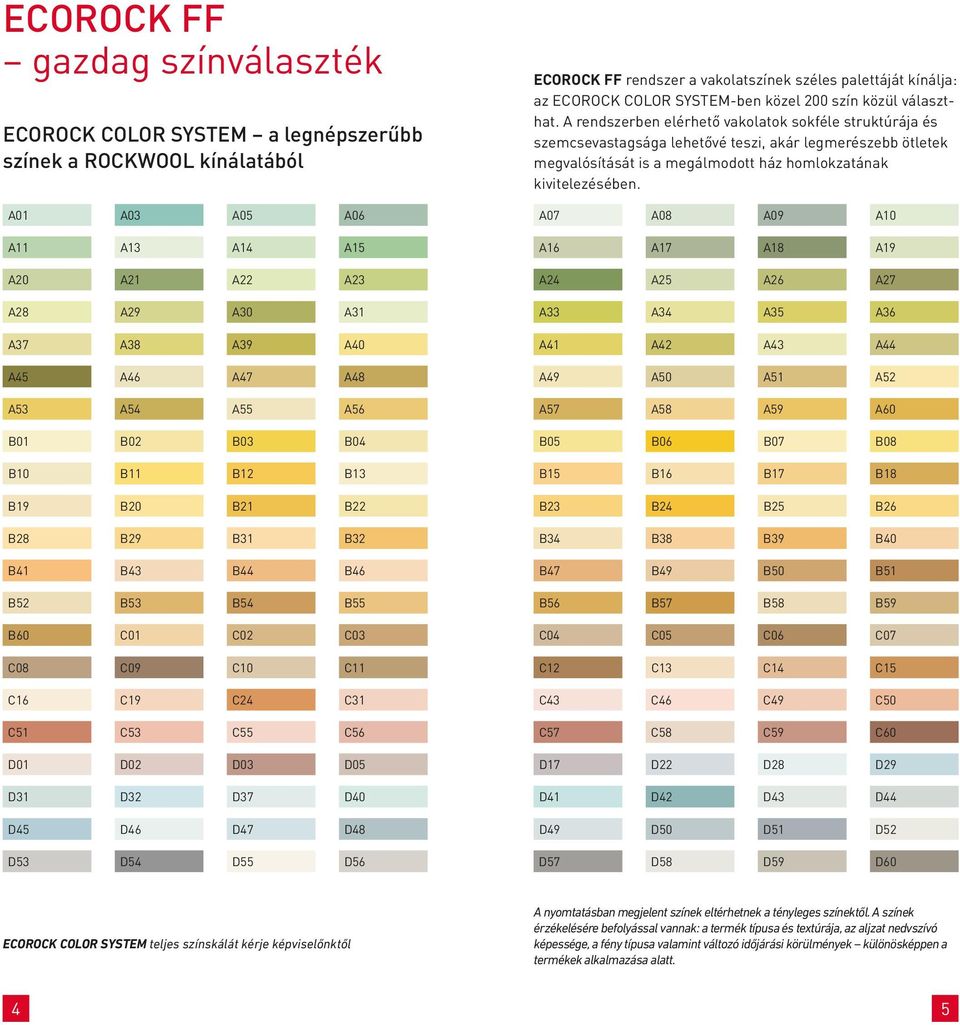 D40 D45 D46 D47 D48 D53 D54 D55 D56 ECOROCK FF rendszer a vakolatszínek széles palettáját kínálja: az ECOROCK COLOR SYSTEM-ben közel 200 szín közül választhat.