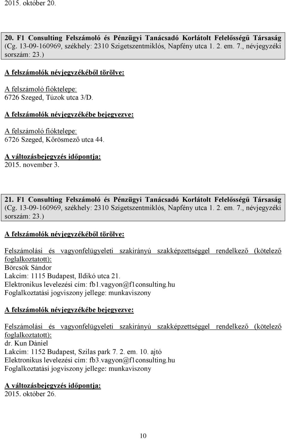 F1 Consulting Felszámoló és Pénzügyi Tanácsadó Korlátolt Felelősségű Társaság (Cg. 13-09-160969, székhely: 2310 Szigetszentmiklós, Napfény utca 1. 2. em. 7., névjegyzéki sorszám: 23.