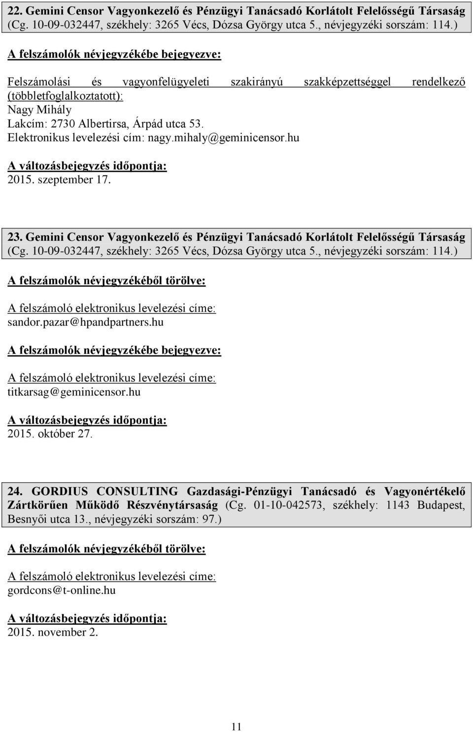 Gemini Censor Vagyonkezelő és Pénzügyi Tanácsadó Korlátolt Felelősségű Társaság (Cg. 10-09-032447, székhely: 3265 Vécs, Dózsa György utca 5., névjegyzéki sorszám: 114.