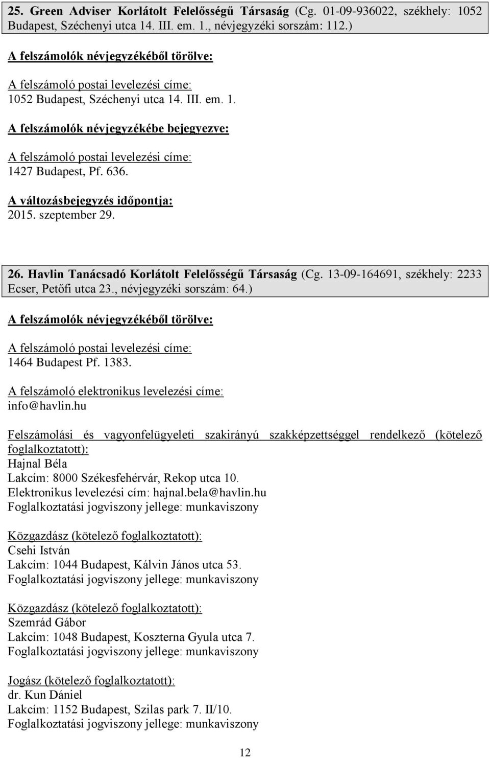 Havlin Tanácsadó Korlátolt Felelősségű Társaság (Cg. 13-09-164691, székhely: 2233 Ecser, Petőfi utca 23., névjegyzéki sorszám: 64.) A felszámoló postai levelezési címe: 1464 Budapest Pf. 1383.