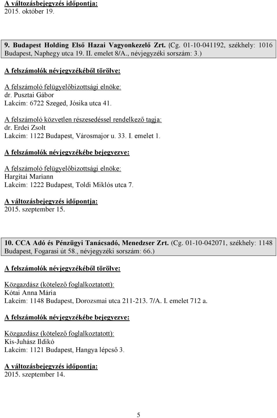 Erdei Zsolt Lakcím: 1122 Budapest, Városmajor u. 33. I. emelet 1. A felszámoló felügyelőbizottsági elnöke: Hargitai Mariann Lakcím: 1222 Budapest, Toldi Miklós utca 7. 2015. szeptember 15. 10.