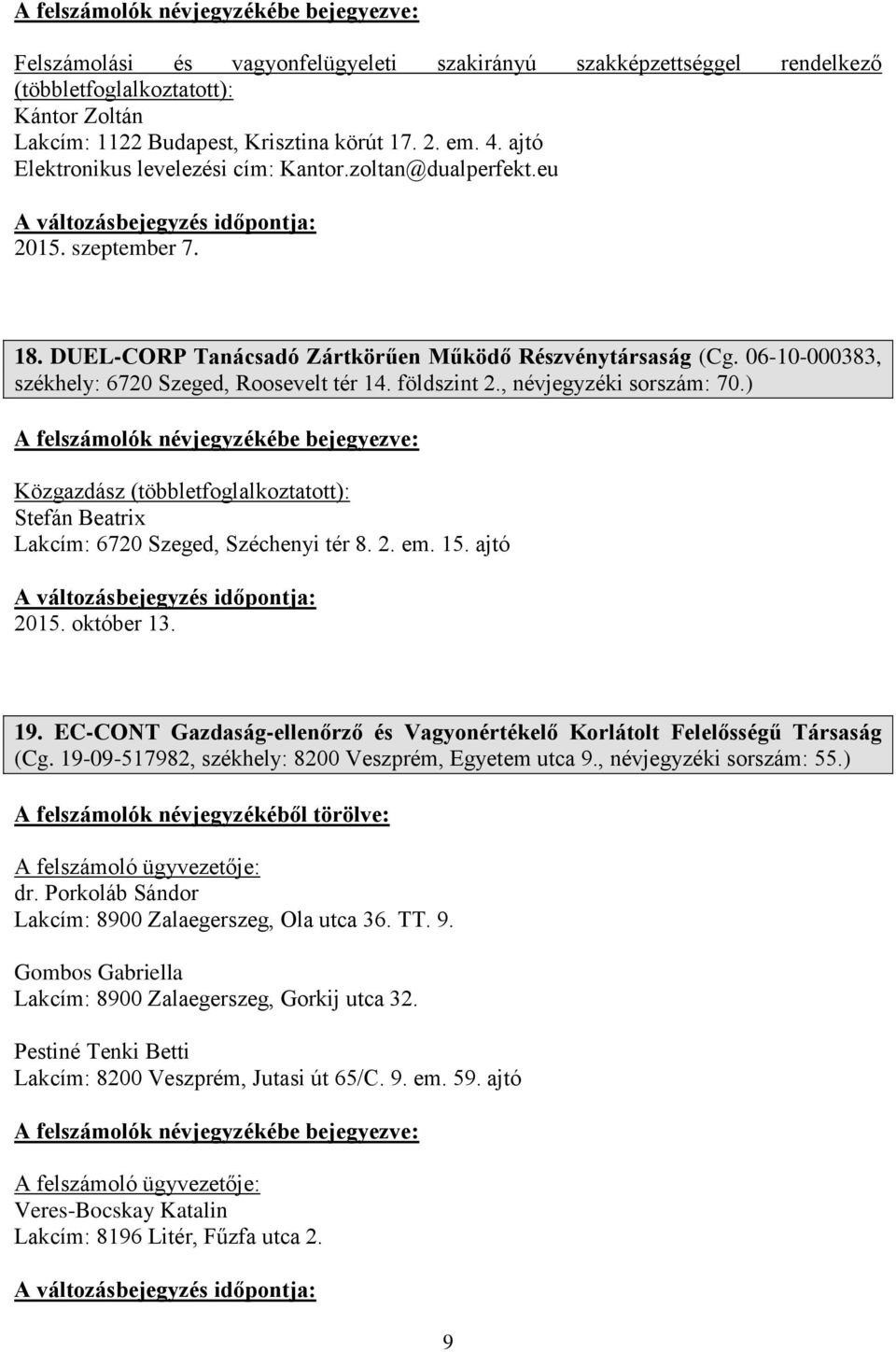 ) Közgazdász Stefán Beatrix Lakcím: 6720 Szeged, Széchenyi tér 8. 2. em. 15. ajtó 2015. október 13. 19. EC-CONT Gazdaság-ellenőrző és Vagyonértékelő Korlátolt Felelősségű Társaság (Cg.