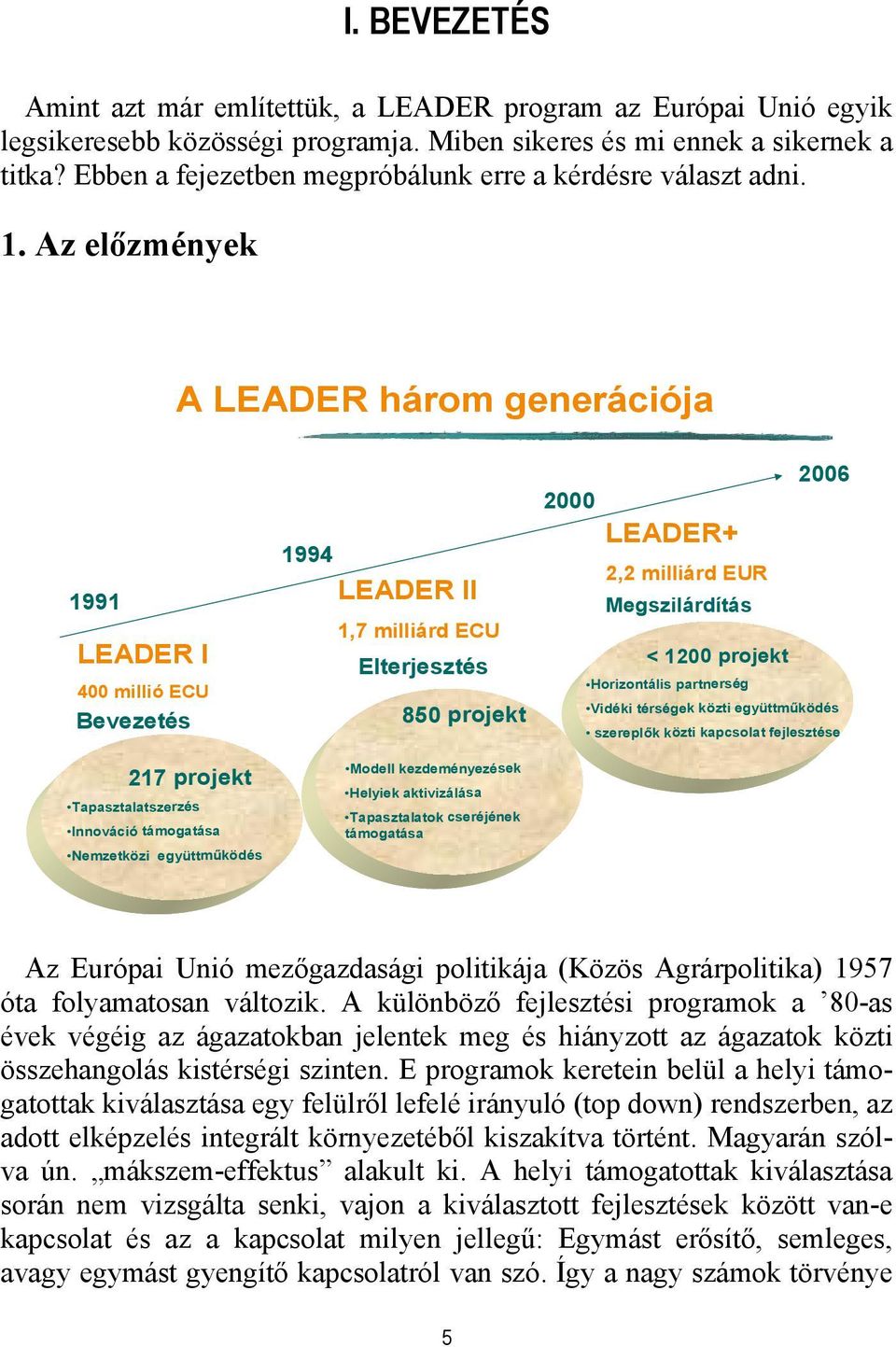 Az előzmények A LEADER három generációja 1991 LEADER I 400 millió ECU Bevezetés 1994 LEADER II 1,7 milliárd ECU Elterjesztés 850 projekt 2006 2000 LEADER+ 2,2 milliárd EUR Megszilárdítás < 1200