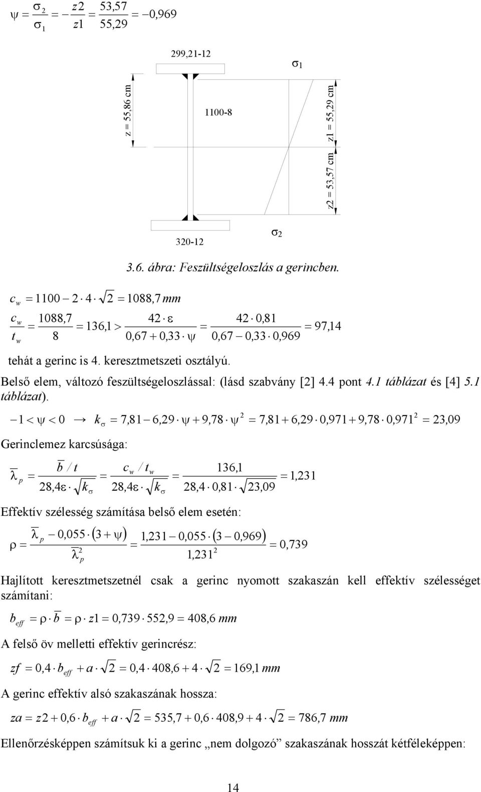 < ψ < k 7, 8 6, 9 ψ + 9, 78 ψ 7, 8+ 6, 9, 97+ 9, 78, 97, 9 Gerinleme karsúsága: λ / t 8, 4ε k σ / t 8, 4ε k 6, 8, 4, 8 p σ Eektív sélesség sámítása első elem esetén: λ ρ p, λ σ, 9 ( + ψ),, (, 969),