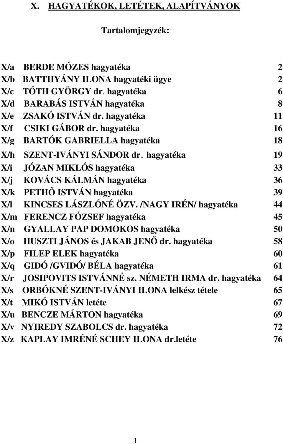 hagyatéka 19 X/i JÓZAN MIKLÓS hagyatéka 33 X/j KOVÁCS KÁLMÁN hagyatéka 36 X/k PETHİ ISTVÁN hagyatéka 39 X/l KINCSES LÁSZLÓNÉ ÖZV.