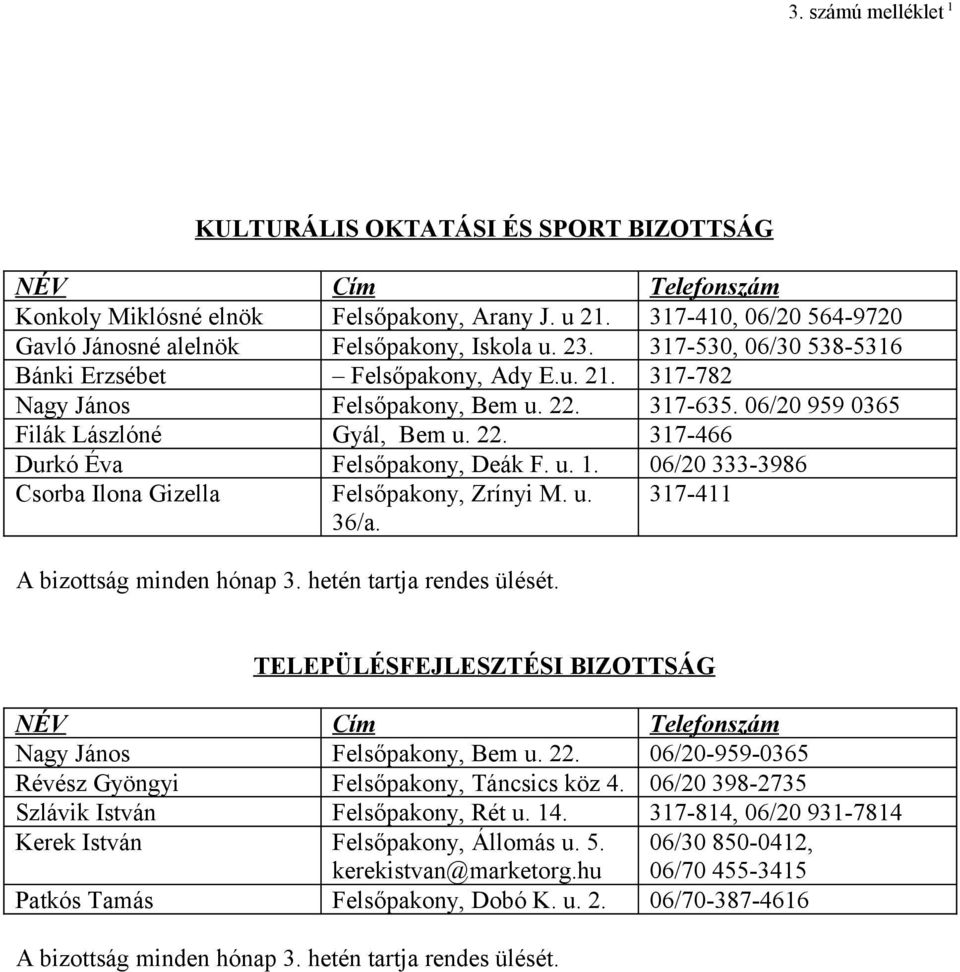 u. 1. 06/20 333-3986 Csorba Ilona Gizella Felsőpakony, Zrínyi M. u. 36/a. 317-411 A bizottság minden hónap 3. hetén tartja rendes ülését.