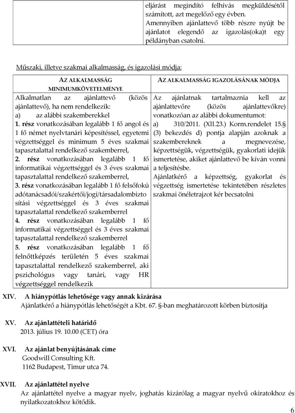 rész vonatkozásában legalább 1 fő angol és 1 fő német nyelvtanári képesítéssel, egyetemi végzettséggel és minimum 5 éves szakmai tapasztalattal rendelkező szakemberrel, 2.