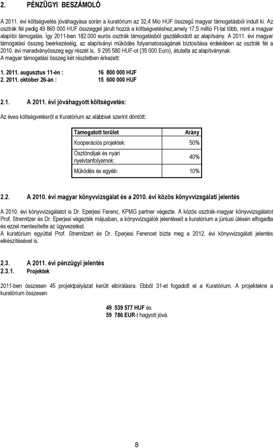 000 eurós osztrák támogatásból gazdálkodott az alapítvány. A 2011. évi magyar támogatási összeg beérkezéséig, az alapítványi működés folyamatosságának biztosítása érdekében az osztrák fél a 2010.