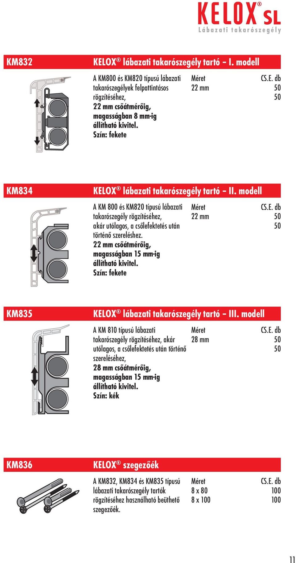 22 mm csőátmérőig, magasságban 15 mm-ig állítható kivitel. Szín: fekete 22 mm KM835 KELOX lábazati takarószegély tartó III.