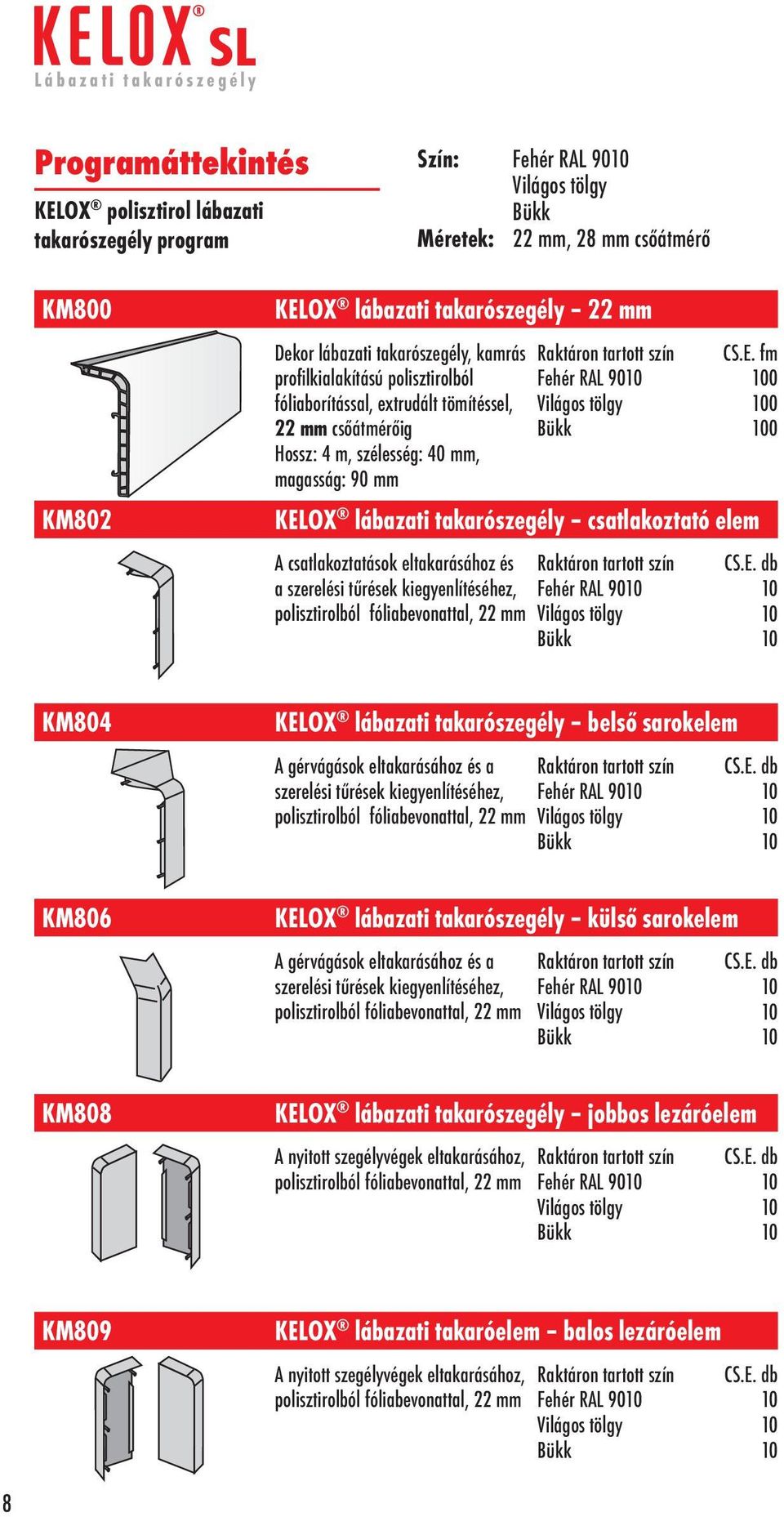 fm 0 0 0 KELOX lábazati takarószegély csatlakoztató elem A csatlakoztatások eltakarásához és a szerelési tűrések kiegyenlítéséhez, Fehér RAL 90 polisztirolból fóliabevonattal, 22 mm Bükk KM804 KM806