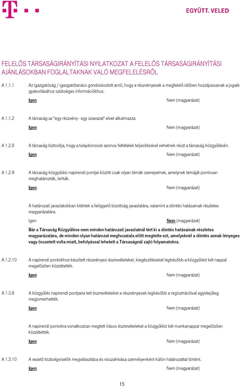 A 1.2.8 A társaság biztosítja, hogy a tulajdonosok azonos feltételek teljesítésével vehetnek részt a társaság közgyűlésén. A 1.2.9 A társaság közgyűlési napirendi pontjai között csak olyan témák szerepelnek, amelynek témáját pontosan meghatározták, leírták.