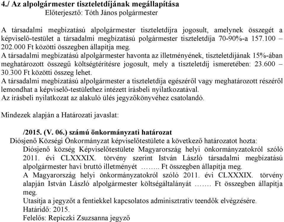 A társadalmi megbízatású alpolgármester havonta az illetményének, tiszteletdíjának 15%-ában meghatározott összegű költségtérítésre jogosult, mely a tiszteletdíj ismeretében: 23.600 30.