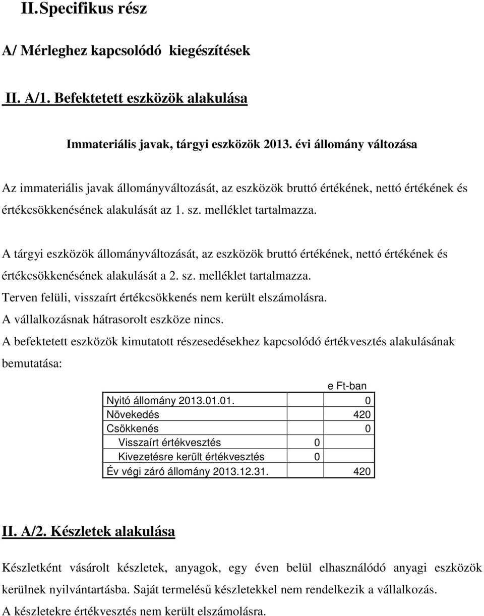 A tárgyi eszközök állományváltozását, az eszközök bruttó értékének, nettó értékének és értékcsökkenésének alakulását a 2. sz. melléklet tartalmazza.