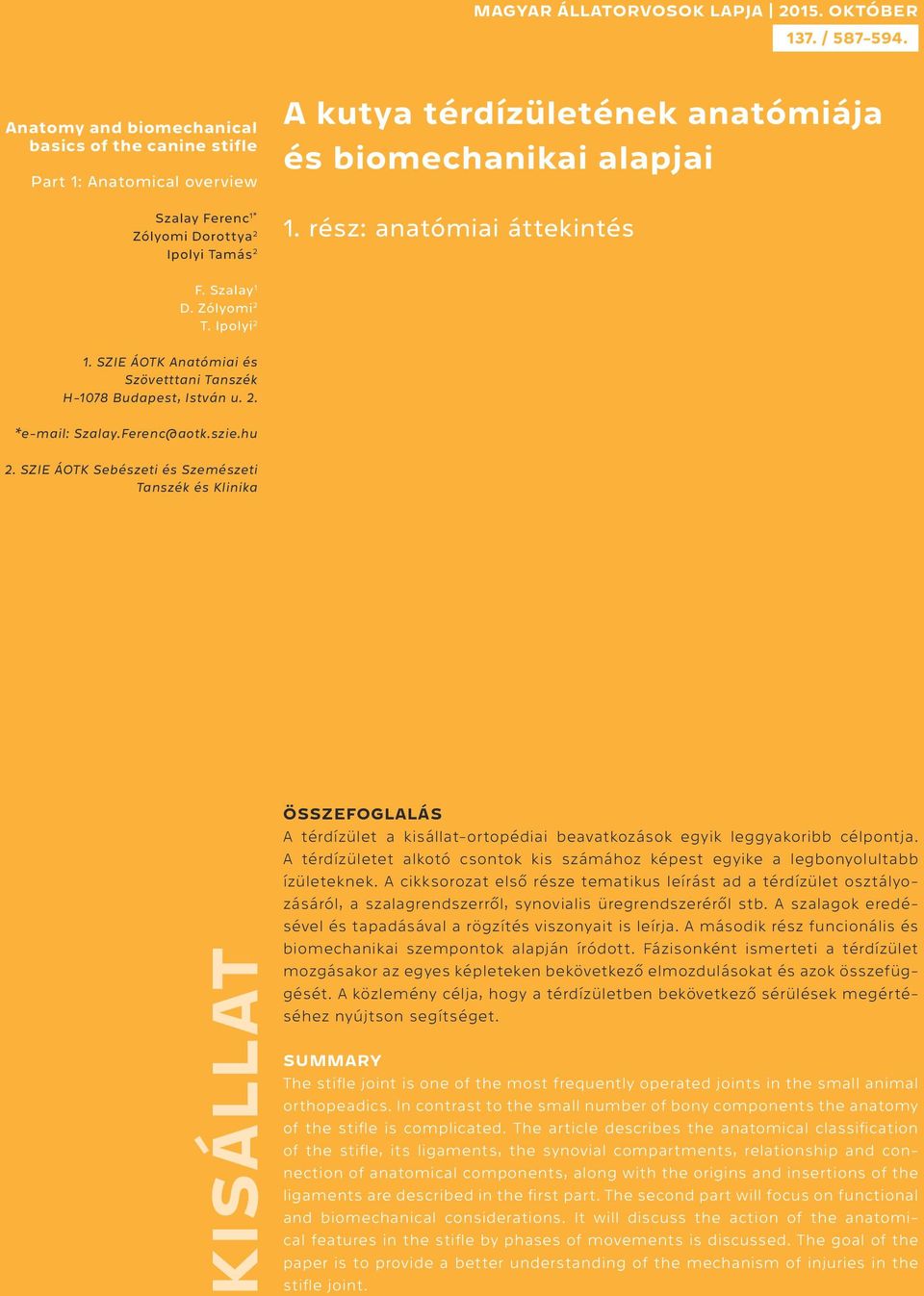 rész: anatómiai áttekintés F. Szalay 1 D. Zólyomi 2 T. Ipolyi 2 1. SZIE ÁOTK Anatómiai és Szövetttani Tanszék *e-mail: Szalay.Ferenc@aotk.szie.hu 2.