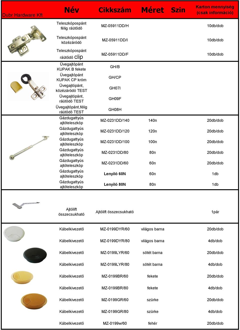 20db/dob MZ-0231DD/120 120n 20db/dob MZ-0231DD/100 100n 20db/dob MZ-0231DD/80 80n 20db/dob MZ-0231DD/60 60n 20db/dob Lenyíló 60N 60n Lenyíló 80N 80n Ajtólift összecsukható Ajtólift összecsukható 1pár