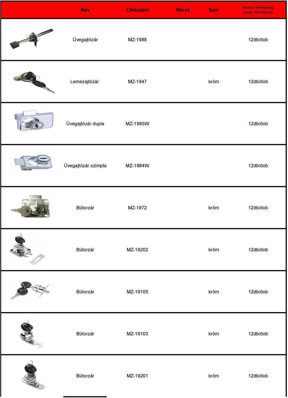 12db/dob Bútorzár MZ-1972 króm 12db/dob Bútorzár MZ-19202 króm 12db/dob
