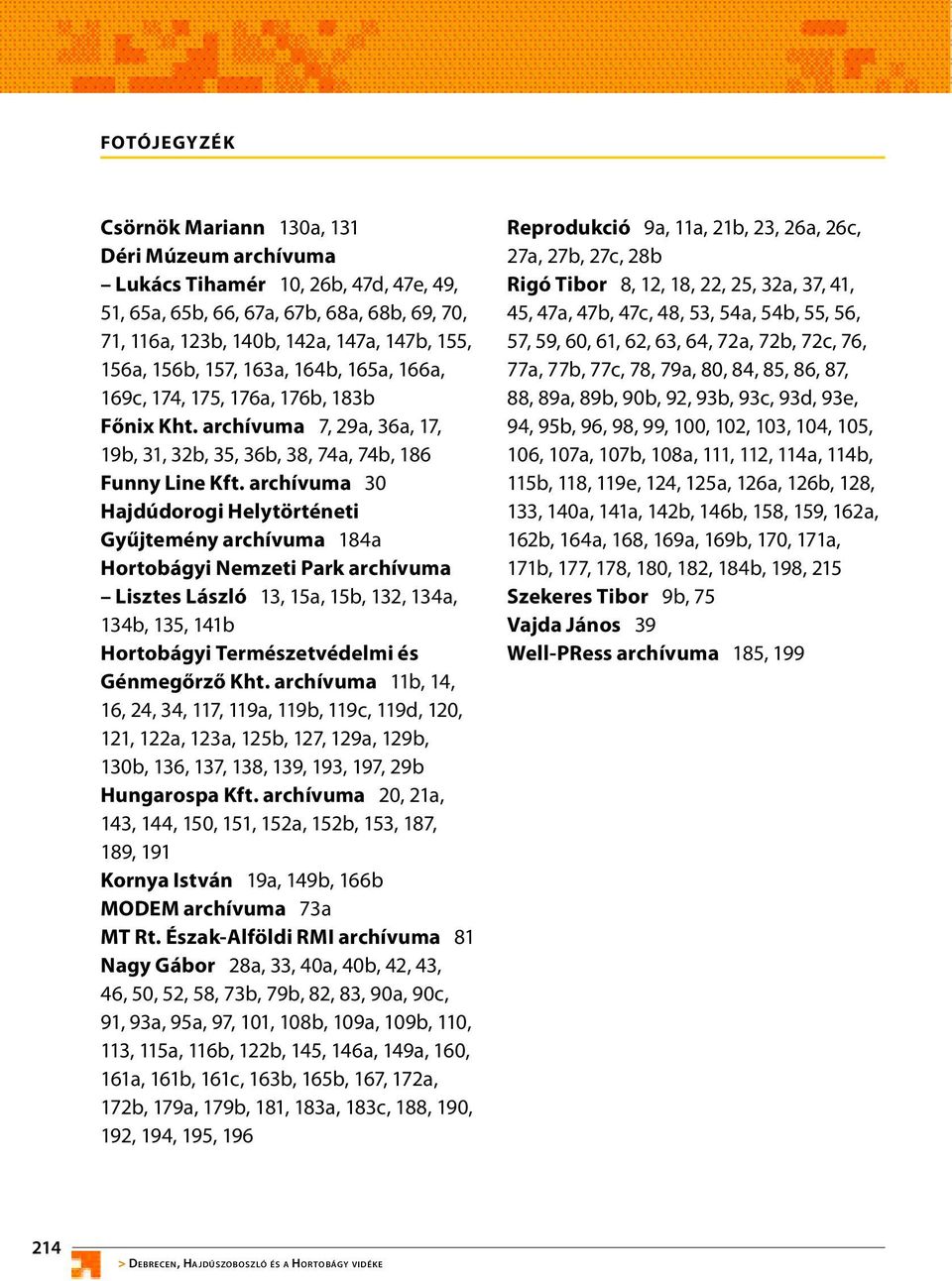 archívuma 30 Hajdúdorogi Helytörténeti Gyűjtemény archívuma 184a Hortobágyi Nemzeti Park archívuma Lisztes László 13, 15a, 15b, 132, 134a, 134b, 135, 141b Hortobágyi Természetvédelmi és Génmegőrző