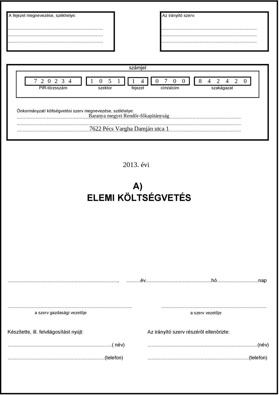 Önkormányzat/ kötségvetési szerv megnevezése, székheye:......... 7622 Pécs Vargha Damján utca 1 201