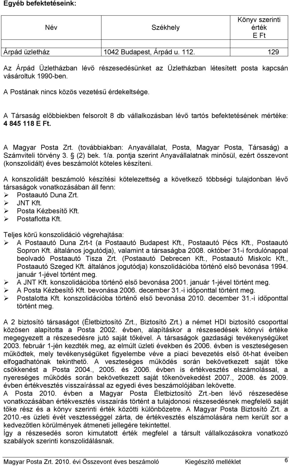 A Társaság előbbiekben felsorolt 8 db vállalkozásban lévő tartós befektetésének mértéke: 4 845 118 E Ft. A Magyar Posta Zrt.